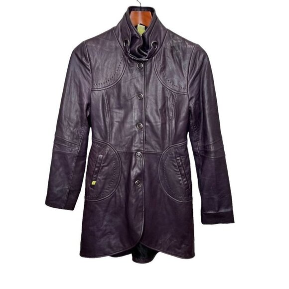 Soia & Kyo Purple Leather Trench Coat Jacket Size Small Classic Structured - Picture 2 of 16